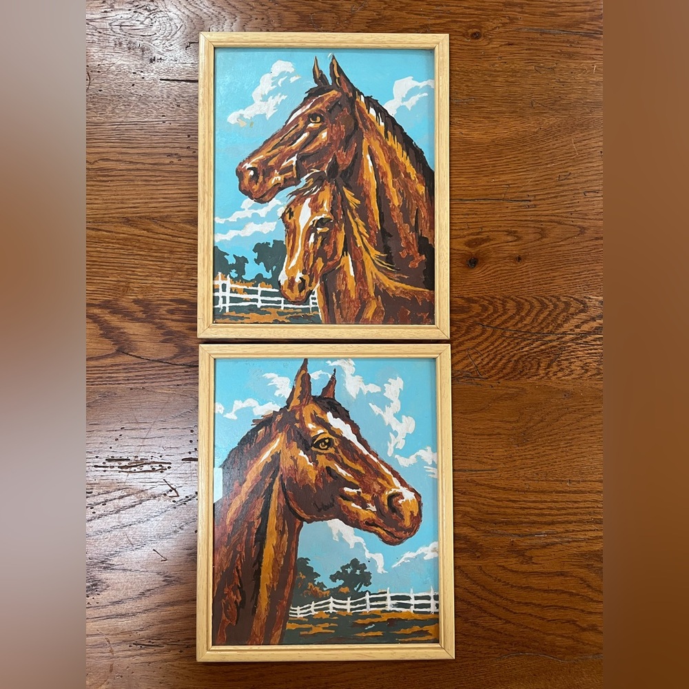 Vintage Paint by Number Horse Portrait Pair - 8x10 Framed Western Ranch Wall Art